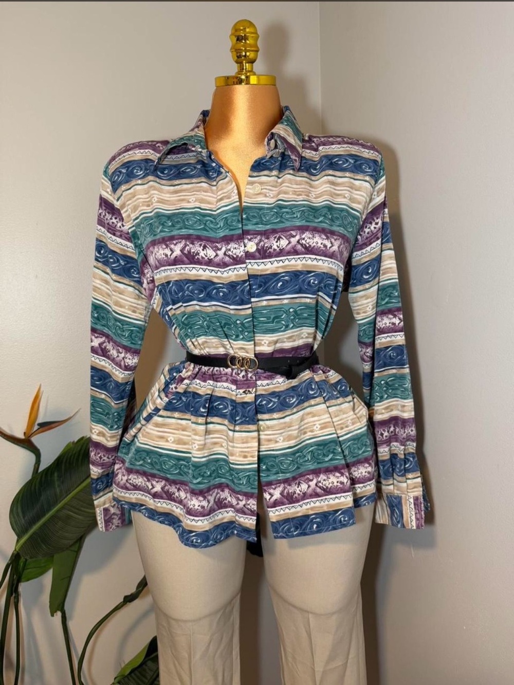 Women's Striped Button-Up blouse in Teal, Purple & Cream